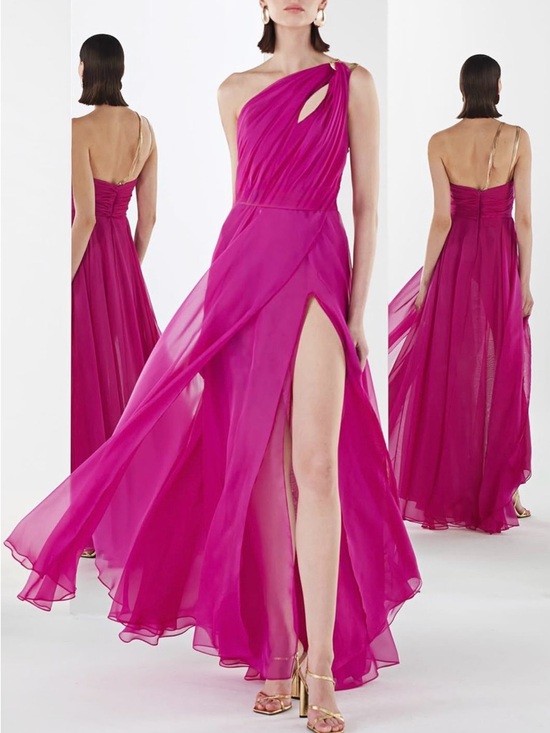 Ozgur Masur Dresses & Skirts - Ozgur Masur One-Shoulder Chiffon Cut-Out Gown In Fuchsia